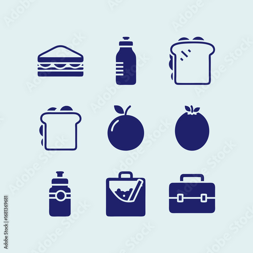  A simple icon set of lunch break essentials for the daily commute or office. Features solid icons of sandwiches, drinks, fruit, and bags for your design projects.