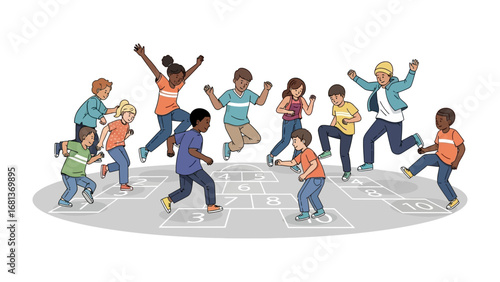 Hopscotch Fun: A group of diverse children exuberantly play hopscotch outdoors, embracing the joy of childhood, camaraderie, and outdoor activities.