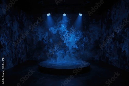 Empty dark studio with blue...