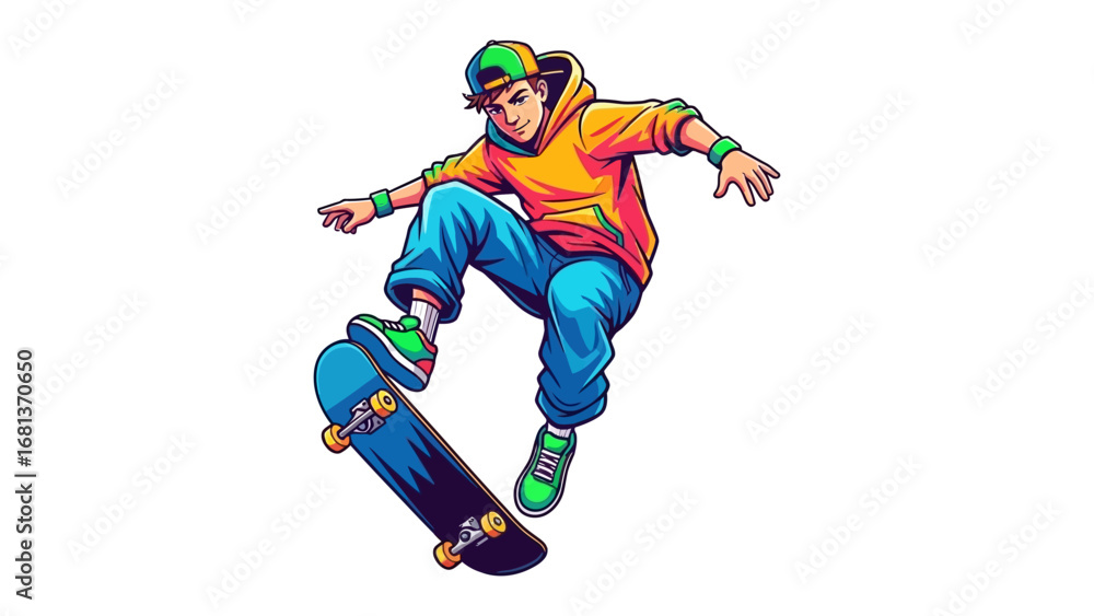 Obraz premium Skateboarder's Aerial Dance: An illustrated scene captures a skateboarder executing an impressive trick, set against a backdrop of motion and style.