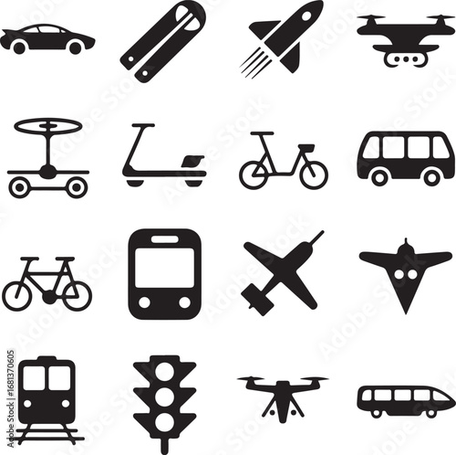 Transportation Icons Set With Cars Trains Planes And Drones scooter rocket