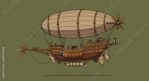 Airship Soaring, Cartoon Illustration on Neutral Background