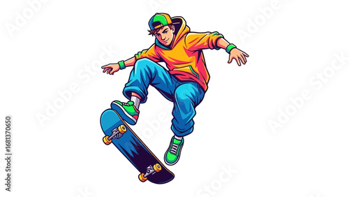 Skateboarder's Aerial Dance: An illustrated scene captures a skateboarder executing an impressive trick, set against a backdrop of motion and style.