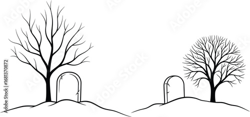 Halloween graveyard scene with bare trees and gravestones vector
