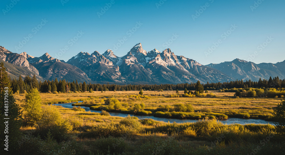 Fototapeta premium Majestic Teton Range at Sunrise Over Golden Meadow