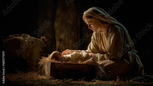 Mary leans over the newborn in a manger, radiating peace and love during the moment of Christ's birth.