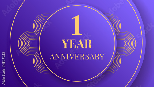 Elegant vintage anniversary banner in purple gradient with golden outlines, circular frame, and soft shadows. Classic festive design for 1 year celebration, event promotion, or decorative use.