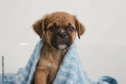 Striped blue towel wrapped ...