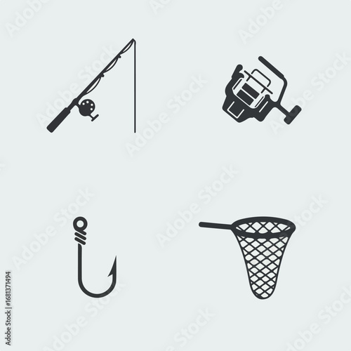 Representing Fishing Gear rod, reel, hook, net