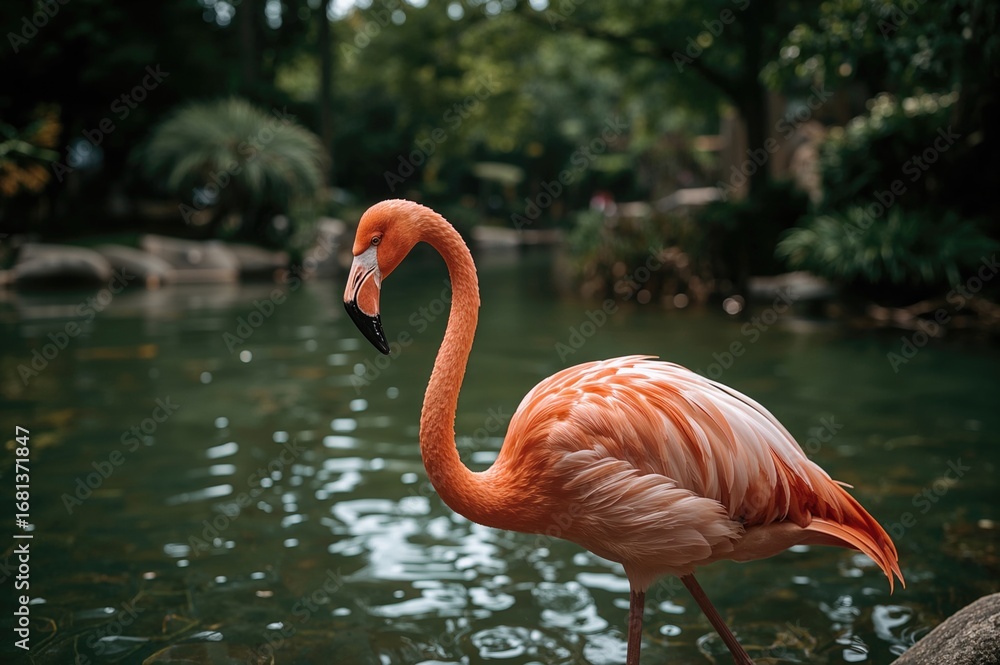 Fototapeta premium Zoo exhibit featuring a vibrant pink flamingo