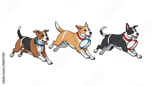 Canine trio catching the ball: Three energetic canine companions sprint across a field, each joyfully clutching a rugby ball in their mouth. A dynamic and vivid display of teamwork, enthusiasm.