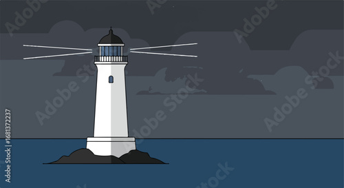 Lighthouse shines light at sea during dark stormy night