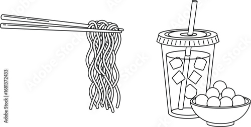 Illustration of noodles with chopsticks and drink with balls