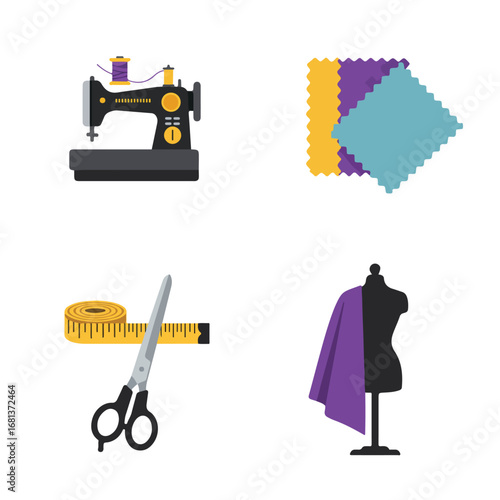 Sewing tools collection machine, cloth, scissors and mannequin in the studio