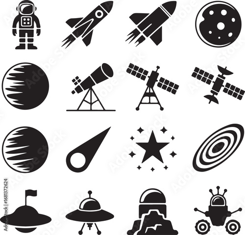Space exploration icons astronaut rocket planets and satellite symbols spaceship