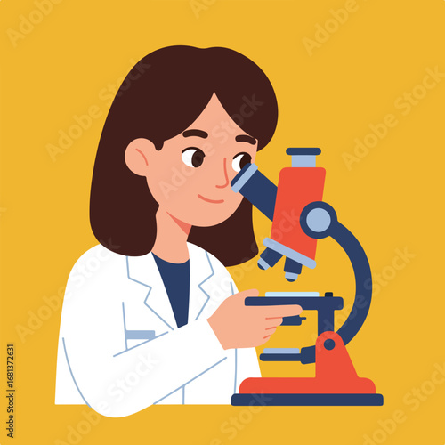 Woman Examining Specimen through Microscope in Laboratory