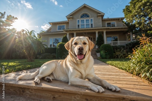 Calm yellow lab resting on outdoor steps