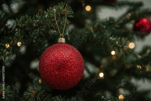 A vivid red Christmas baubl...