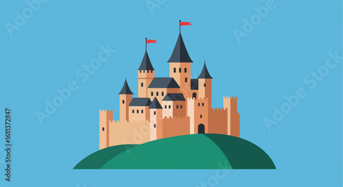 Castle Stands majestically on Hill against the Blue Sky