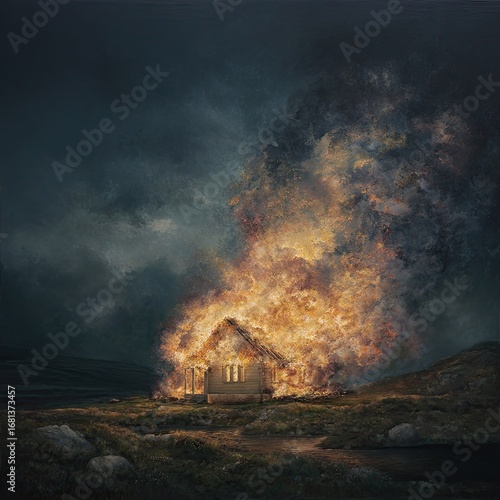 A small house ablaze at night, engulfed in flames and smoke against a stormy sky