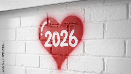  2026 Red Heart Graffiti Spray Painted on White Brick Wall, Urban Love Art 