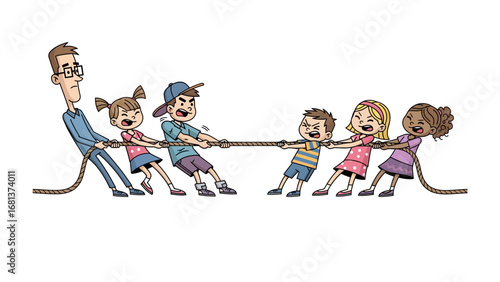Tug-of-War Showdown: A captivating illustration captures the essence of childhood teamwork and spirited competition, featuring a group of kids enthusiastically engaged in a tug-of-war. 