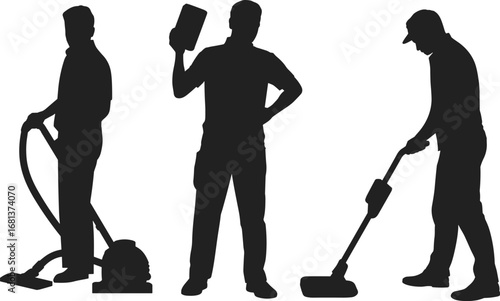 Silhouette, cleaning, vacuum, mop, sponge, hygiene, sanitation, worker, equipment, floor, housekeeping, domestic, chore, tool, posture, steam, maintenance, cleanliness, action, interior