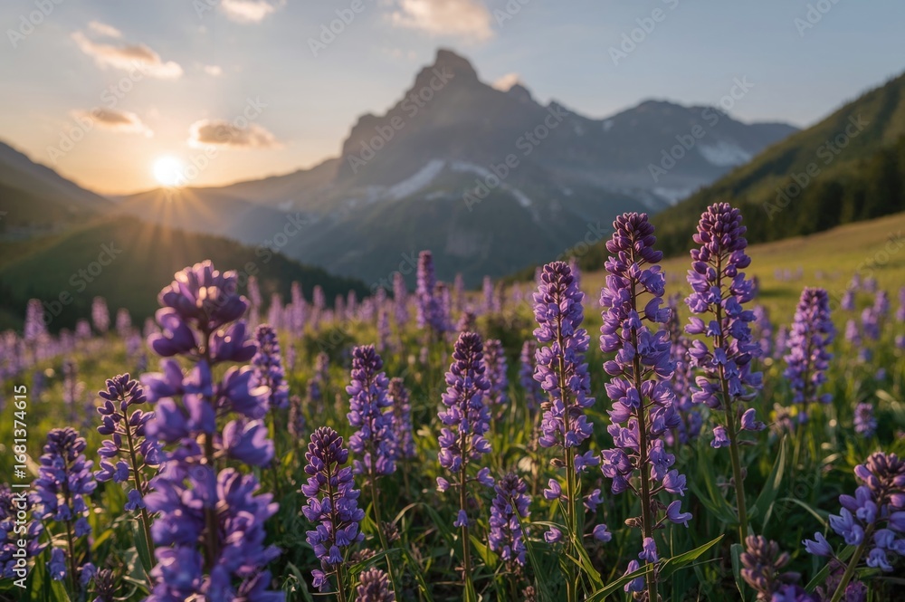 Fototapeta premium Beautiful alpine meadow filled with blooming lilac and bluebell wildflowers under a warm sunrise