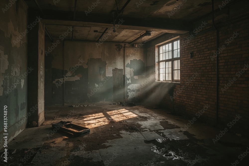 Fototapeta premium Picture of a vintage-style room illuminated by sunlight from the right with a hazy atmosphere