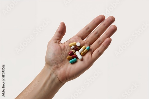Hand holding pills on a whi...