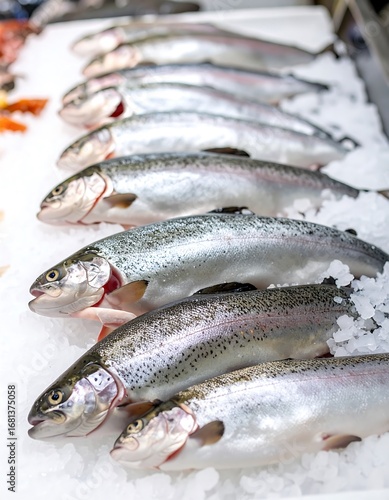 Freshly caught trout rest on ice, showcasing a row of glistening fish, ready for sale at the market.