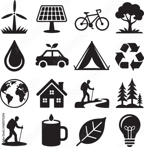 Set of eco-friendly and outdoor recreation icons in silhouette environment nature