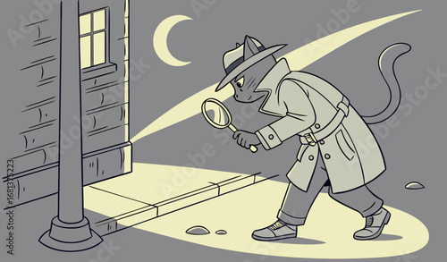 A cat dressed as a private detective investigating a crime scene at night, cinematic lighting, mysterious mood, highly detailed and photorealistic humorous stock photo."
