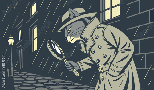 A cat dressed as a private detective investigating a crime scene at night, cinematic lighting, mysterious mood, highly detailed and photorealistic humorous stock photo."