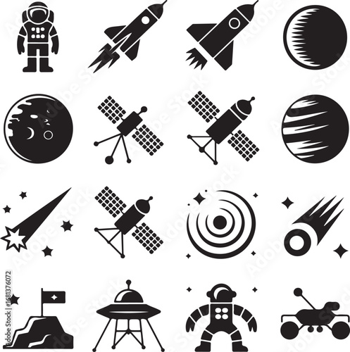 Space Exploration Icons Astronaut Rocket Planets Satellite UFO Rover Keywords: space