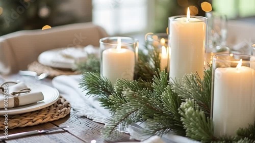 Candles Burning on Holiday Table Setting With Festive Evergreen Wreath
