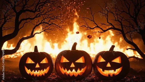 Spooky Halloween Jack-O-Lanterns by Bonfire at Night
