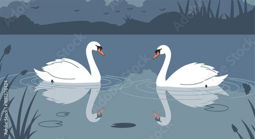Swans Swimming Reflecting in Lake in Natural Environment, Flat Vector Style