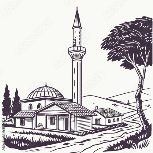 The tall minaret of the mosque