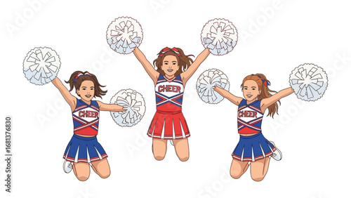 Cheerleaders in Action: Dynamic illustration of three young cheerleaders exuding energy and spirit, their pom-poms held high in a show of enthusiasm and joyful movement.