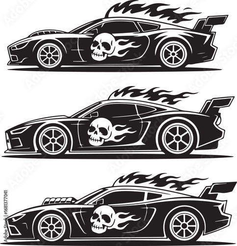 Three Sports Cars With Skulls And Flames Vector Graphics supercar racing car