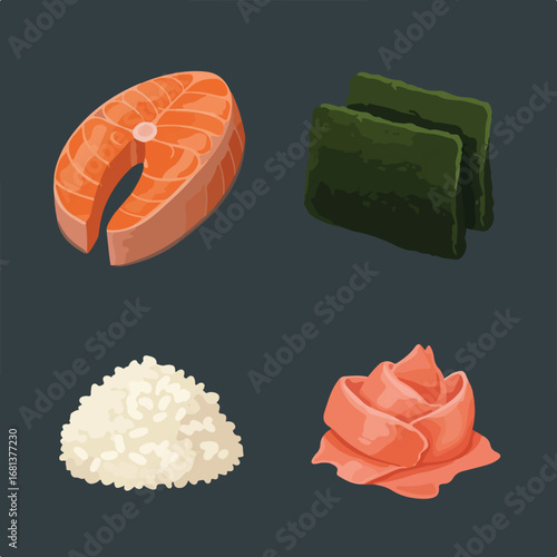 Sushi Components Displayed on Solid Background