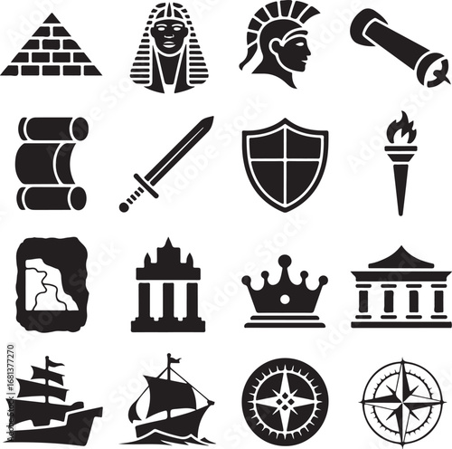 Ancient History Icons Pyramid Pharaoh Roman Helmet Scroll Sword Keywords: ancient, history