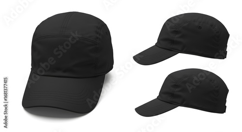 Plain Black Baseball Caps in Multiple Angles Isolated on White Background. Versatile Sports and Casual Headwear for Design and Apparel Mockups.