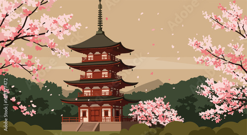 Admiring Pagoda amongst Cherry Blossoms in Tranquil Japanese Garden