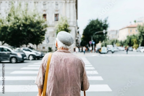 An elderly man with a cane stands at a crosswalk, carefully observing traffic in a lively city environment. Tall buildings and vehicles surround him under a clear sky