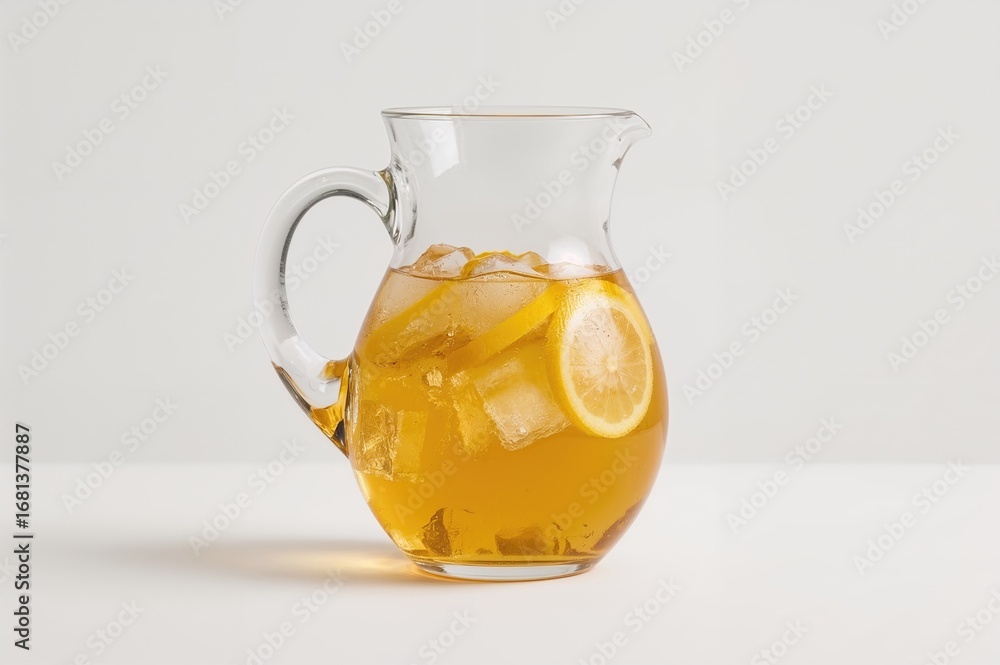 Obraz premium Glass jug filled with lemon iced tea on a plain backdrop