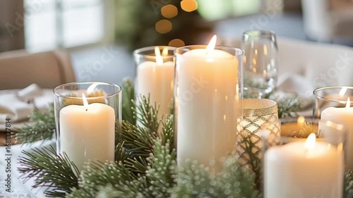 Decorated Table Setting with Candles and Pine Branches for Holiday Celebration
