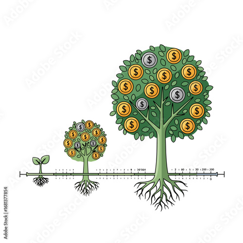 A flat vector illustration of a money tree growing over time. This clean icon represents long-term financial planning, steady investment, and personal growth for microstock.