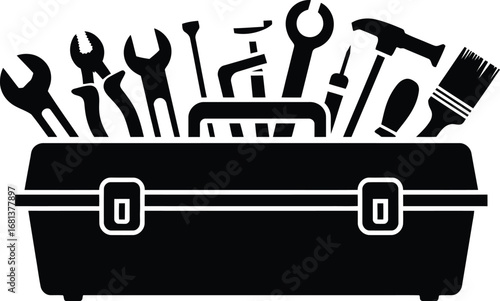Black silhouette of a toolbox filled with various hand tools